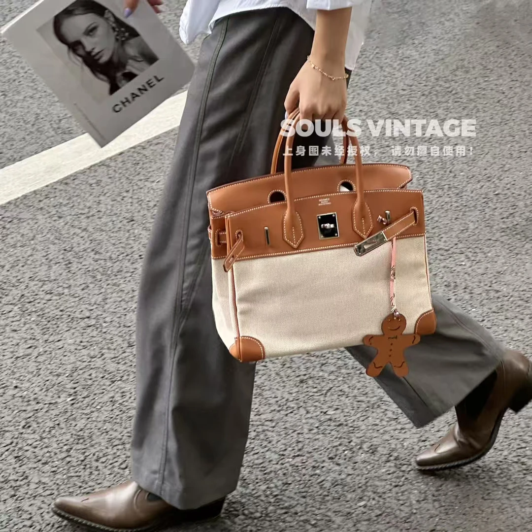 95新 Hermes/爱马仕 37金棕银扣swift皮拼帆布birkin30 662249922