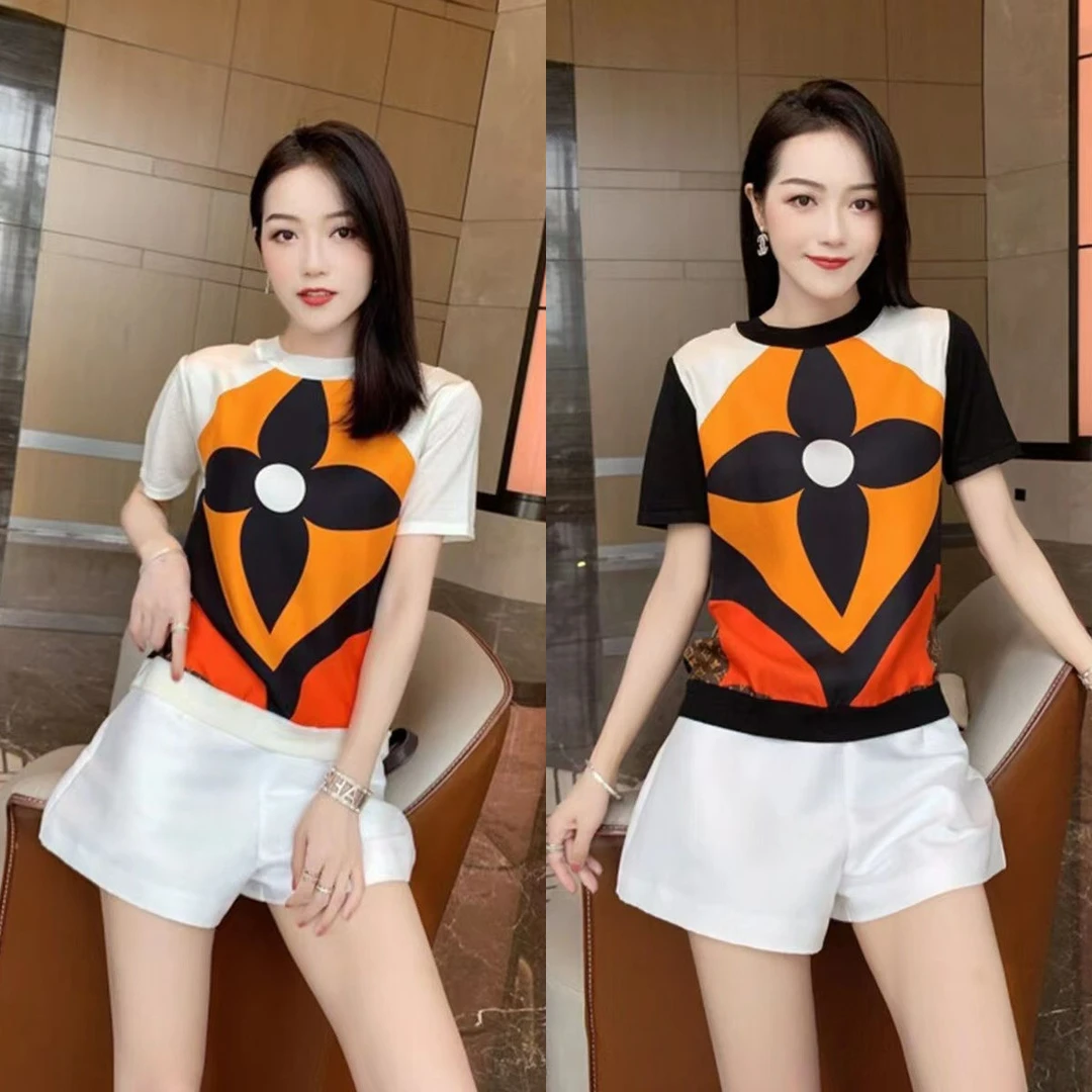 夏季新款时尚冰丝宽松短袖女针织衫圆领拼色洋气毛衣短袖T恤上衣