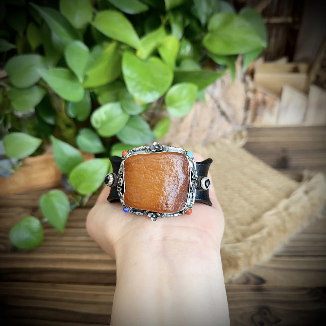【古香古色】原创复古s925银蜜蜡琥珀皮手镯（开口可调节）