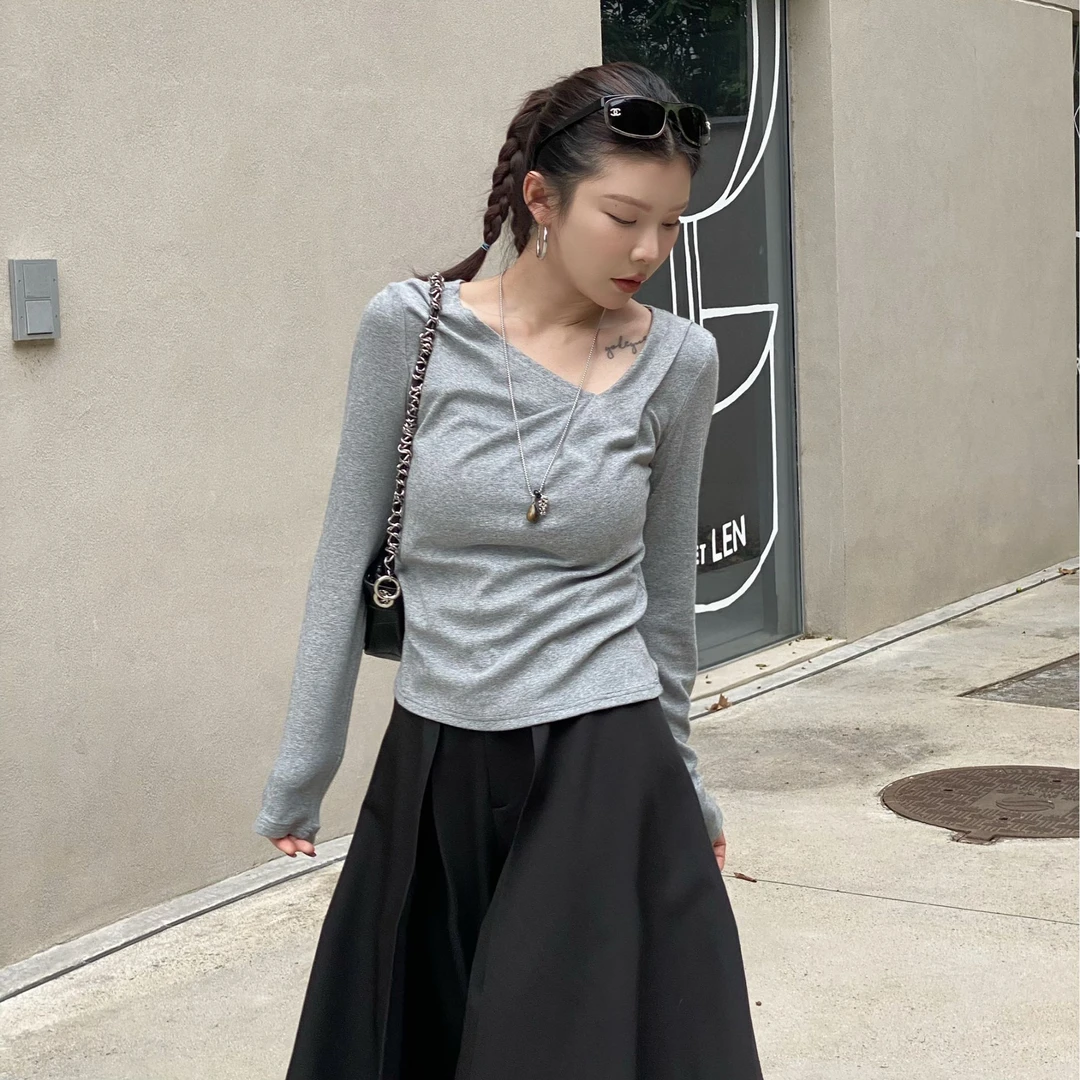 Gielgie/吉即【西西里】压褶不规则显瘦长袖T恤
