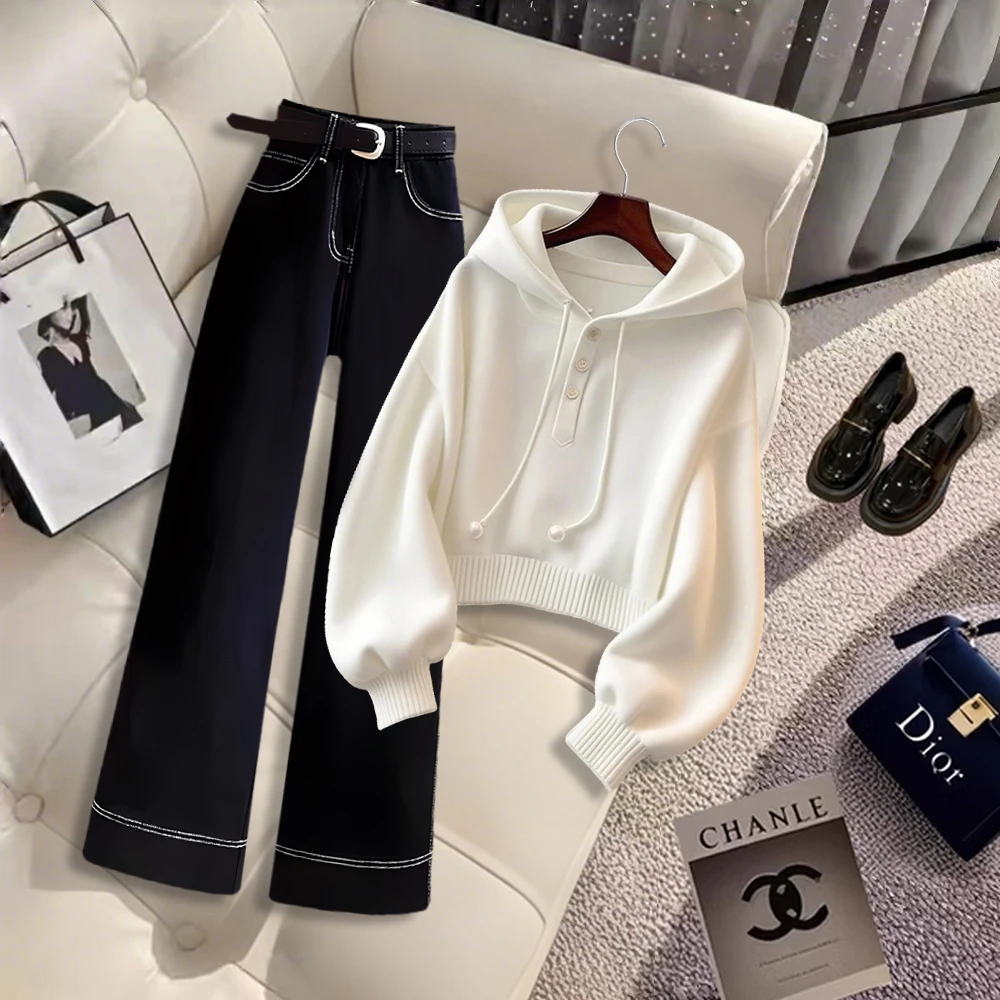 秋季新款时尚洋气百搭女装穿搭一整套气质显瘦上衣高腰洋气直筒裤