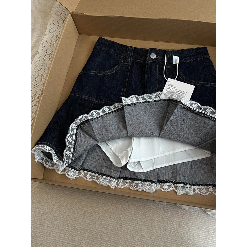 韩版丹宁蓝蕾丝花边牛仔短裙女2025夏季高腰学院风时尚A字百褶裙