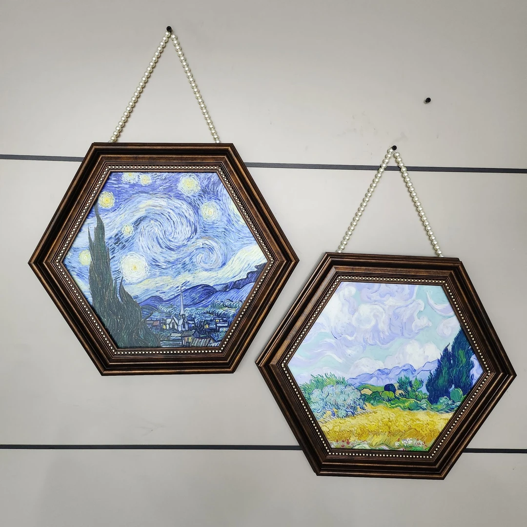 220美式客厅梵高莫奈星空六边形挂墙画沙发背景墙餐厅玄关装饰画