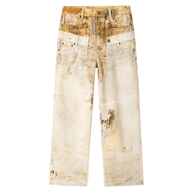 2025美式潮牌复古水洗拼接牛仔裤男泼墨涂鸦宽松直筒阔腿脏脏裤子