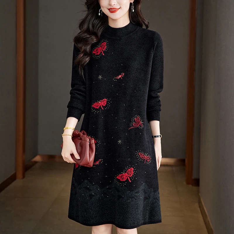 减龄气场强大连衣裙秋冬配大衣针织长裙气质显瘦洋气妈妈毛衣裙子