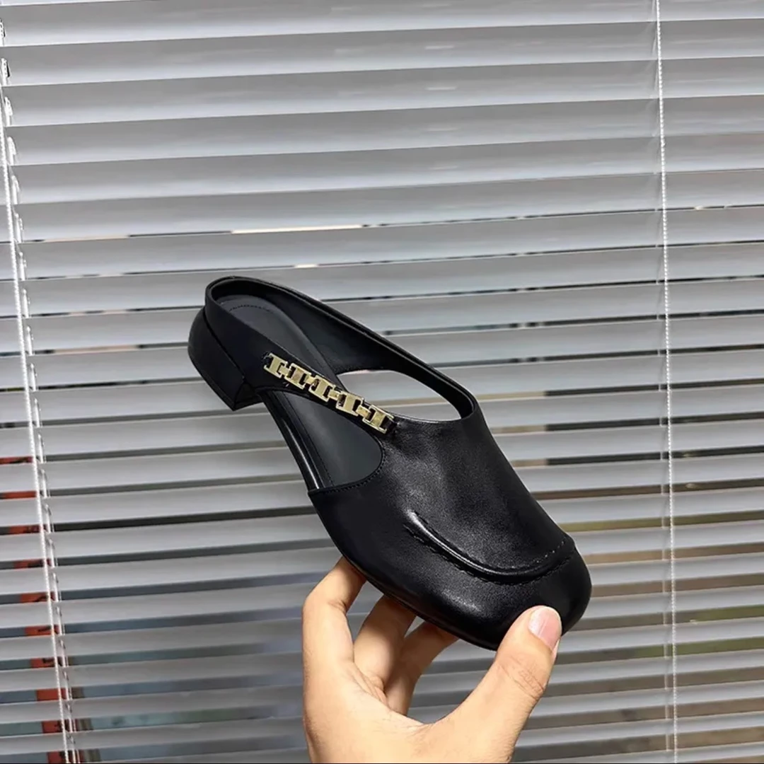 法式复古半拖鞋女软皮外穿2025年新款夏季平底穆勒鞋夏天外穿凉拖