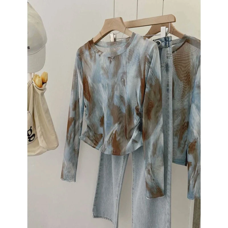 韩版时尚剪标正肩扎染网纱防晒衣女夏季新款薄款透气轻薄上衣罩衫