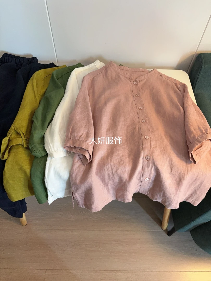 新中式圆领！100%纯亚麻！新中式衬衫短袖衬衫上衣C25651