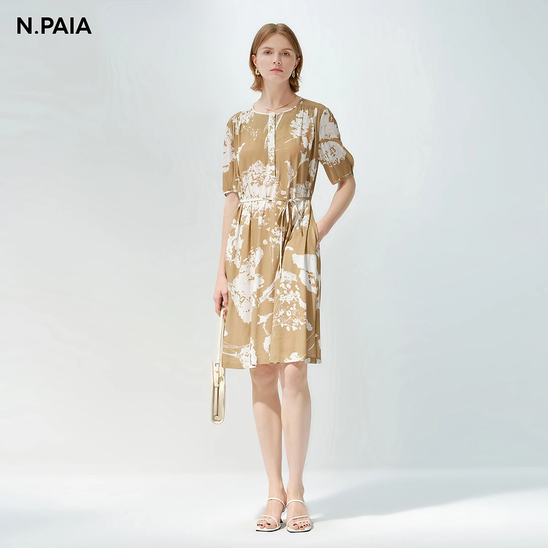 恩派雅25新款印花中长款短袖连衣裙女XWKEA4602A