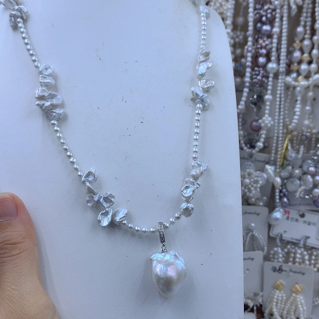 雪***飞项链耳饰淡水珍珠银S925镶嵌