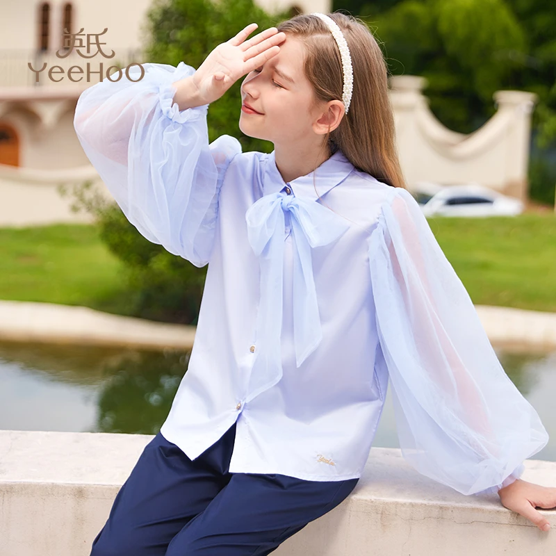 【直播】英氏女童衬衫中大童拼接网纱泡泡长袖衬衣YS2301019