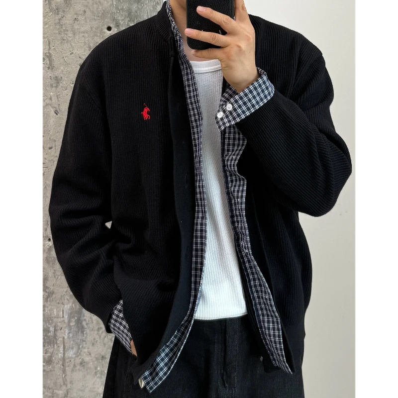 《71%涤纶抗起球格子假两件刺绣开衫》601男士时尚春秋针织美式毛衣