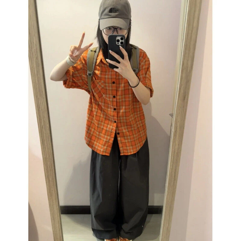 【小王家】夏季美式橙色多巴胺格纹设计感复古宽松小众短袖铆钉衬衫