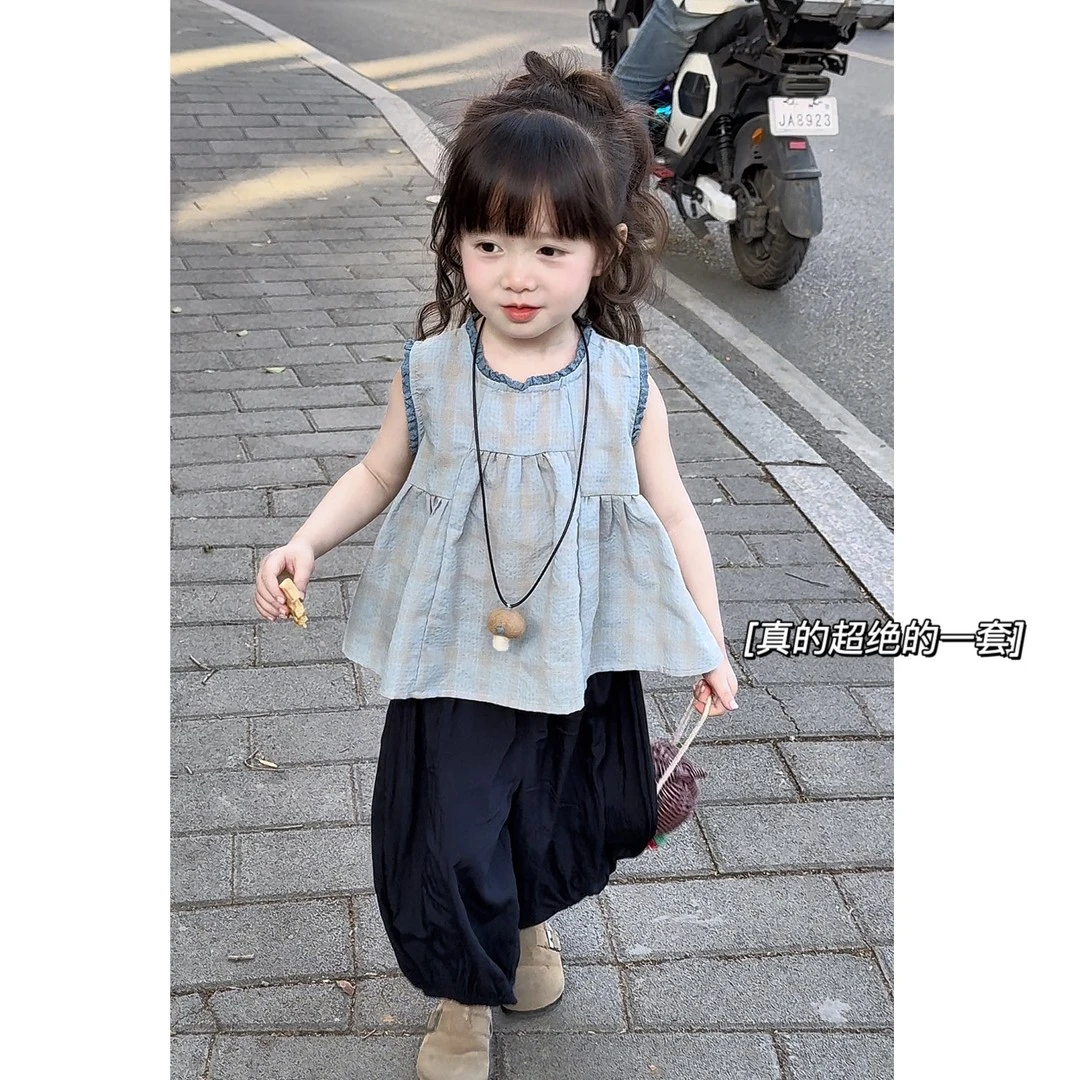 韩国童装女童套装2025夏季新款女宝宝花边无袖背心洋气休闲阔腿裤