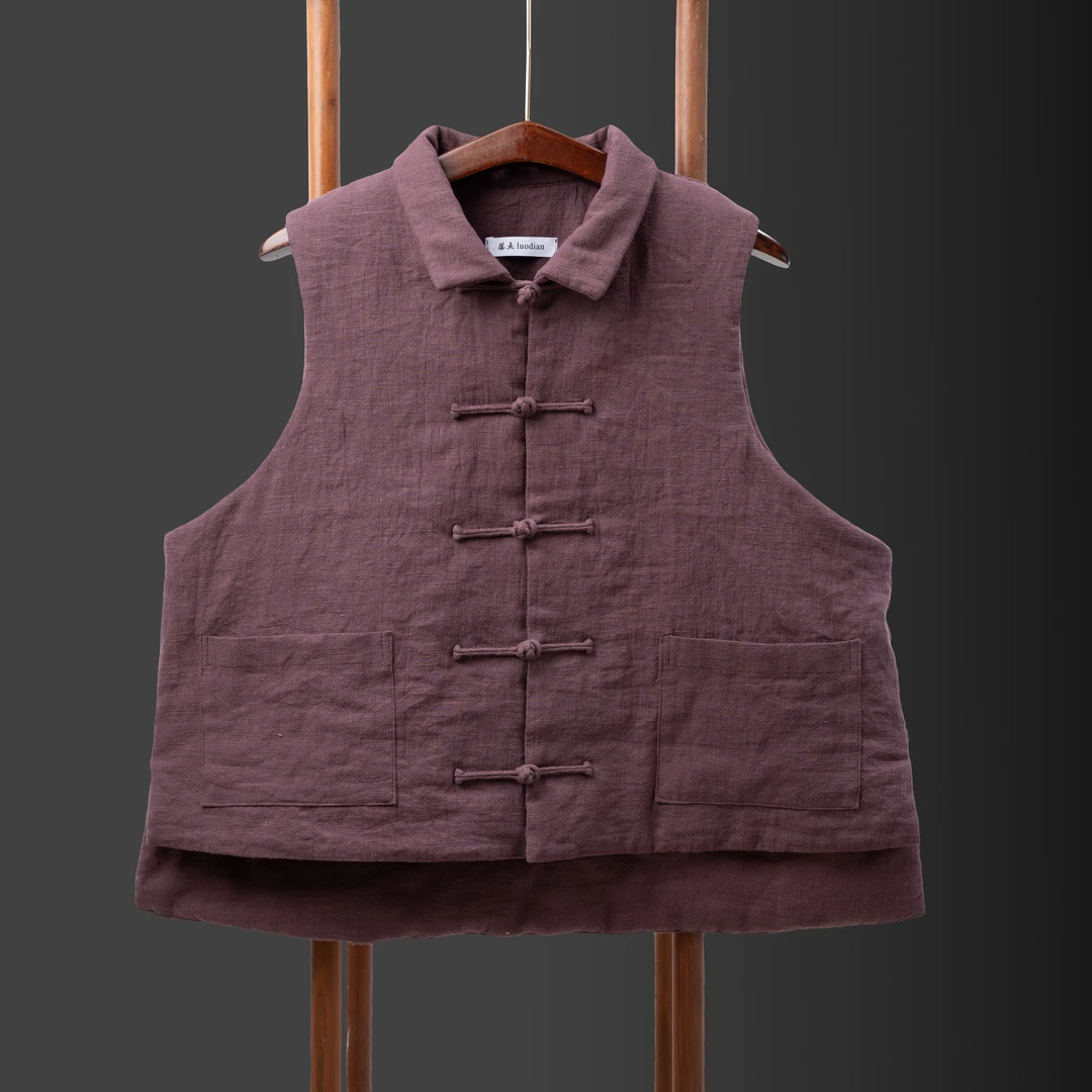 夹棉汉麻方领盘扣对襟马甲马夹中式中国风无袖秋冬保暖宽松冬季