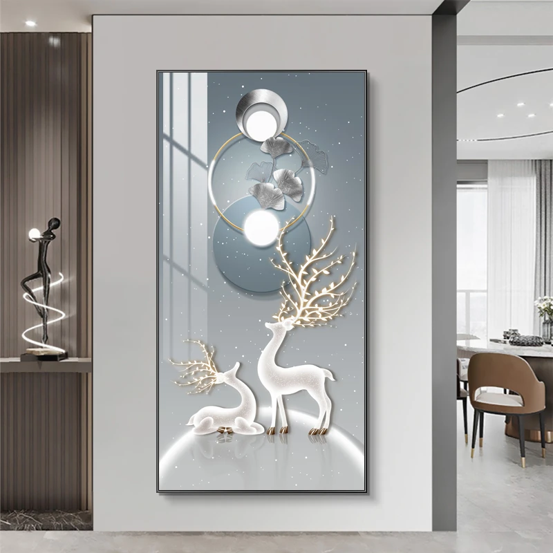 【银河】镶钻双鹿玄关装饰画入户走廊过道轻奢挂画80*160