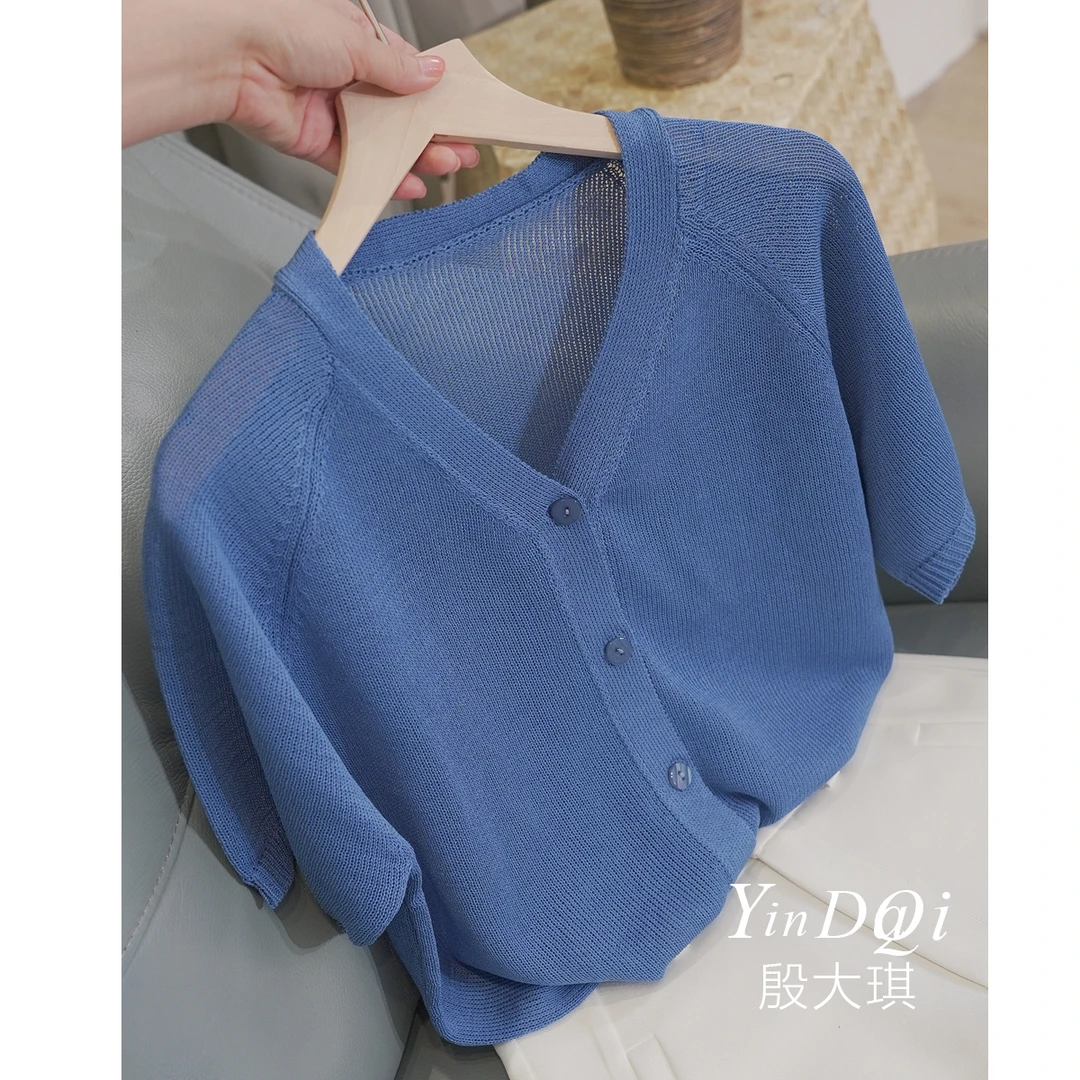 清爽透气~ 夏季简约V领短袖针织开衫百搭显瘦上衣女1841