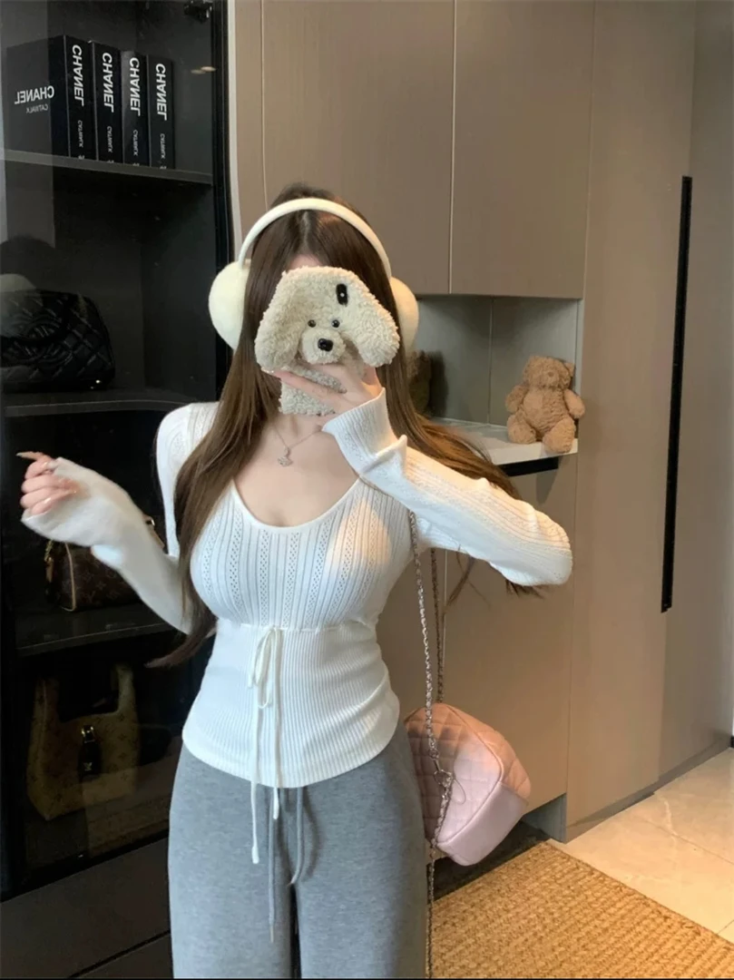 韩系V领长袖针织衫女秋冬绑带修身内搭收腰显瘦打底衫上衣