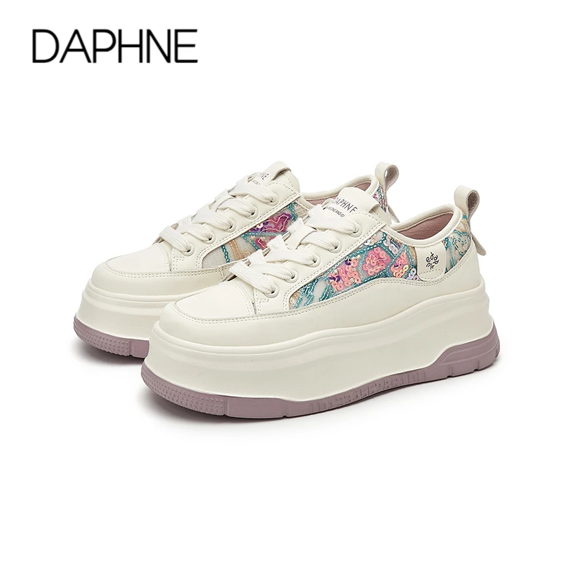 DAPHNE/达芙妮拼色厚底增高小白鞋女2025新款小众时尚百搭板鞋子2