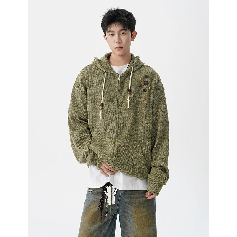 美式复古设计感针织连帽外套男女秋季小众慵懒潮牌帅气开衫卫衣潮
