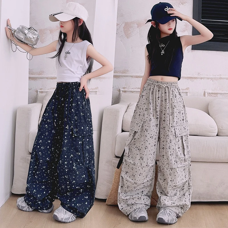 女童夏装工装裤子2025新款中大童夏季潮流碎花宽松透气薄款休闲裤