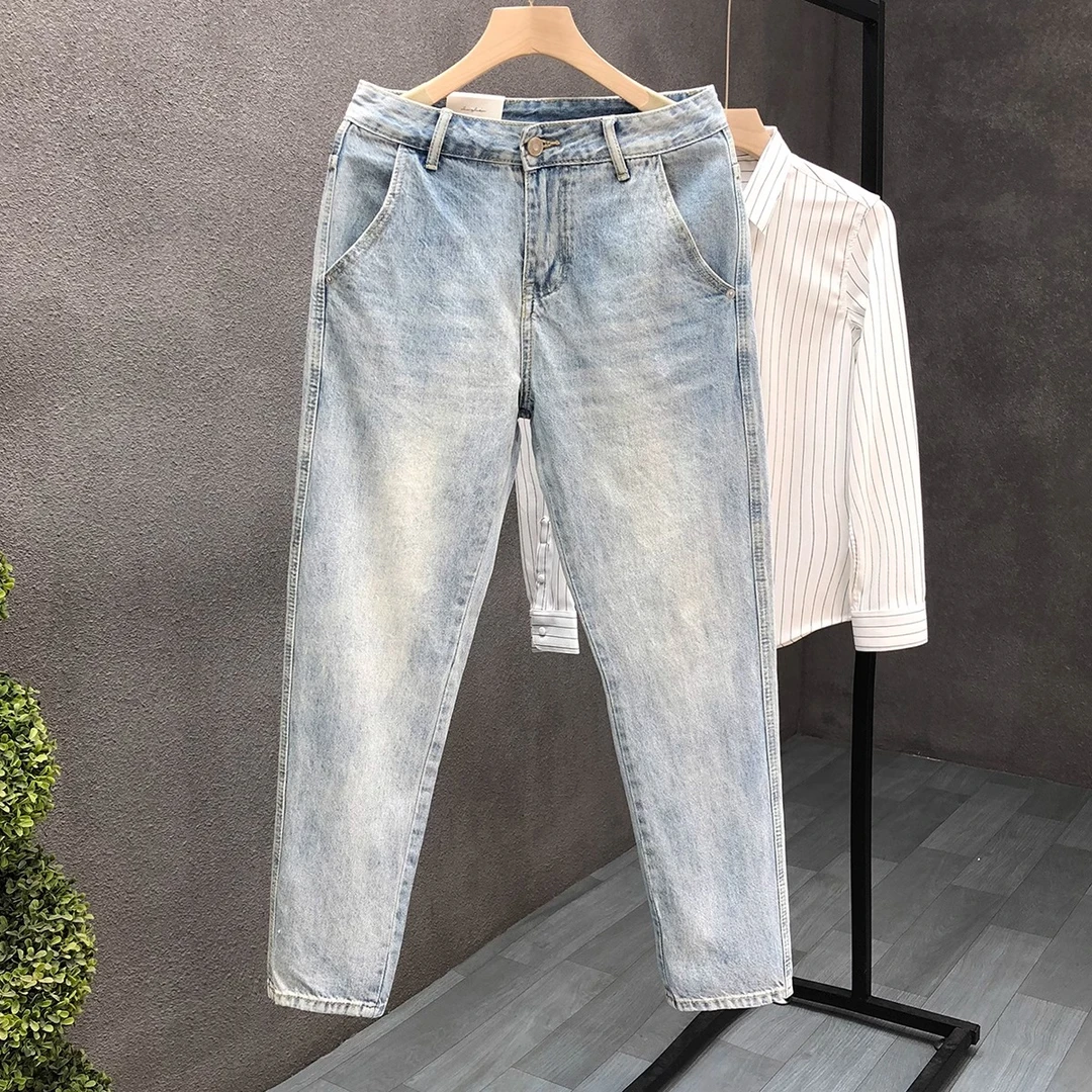 浅蓝色牛仔裤男款修身小脚裤夏季新款男士高端休闲薄款长裤裤子