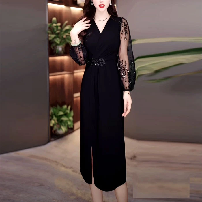 乐丽丝时尚气质法式洋气长袖连衣裙2025春季新款提花刺绣修身裙子