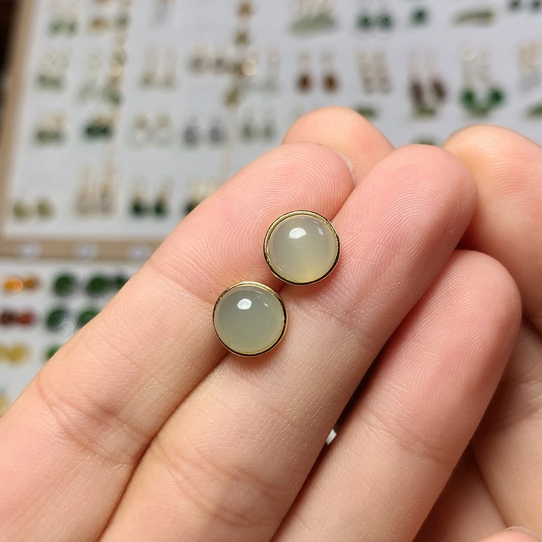 银S925镀金镶嵌和田玉（青白玉）耳饰