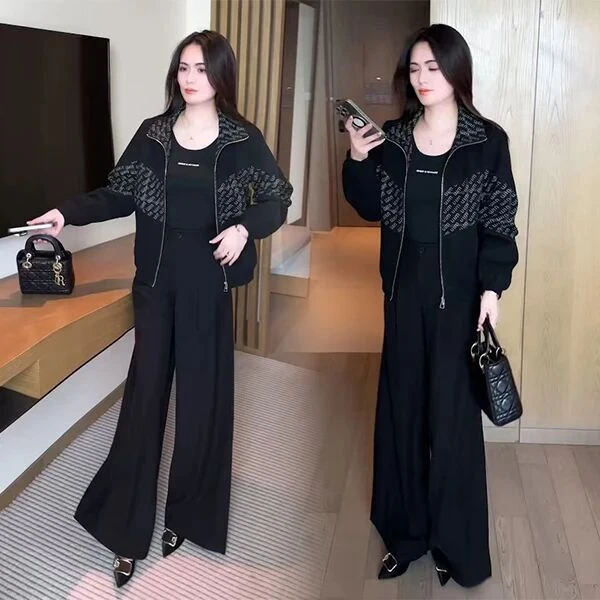 休闲运动套装女春季新款洋气显瘦格子拼接立领开衫阔腿裤两件套潮