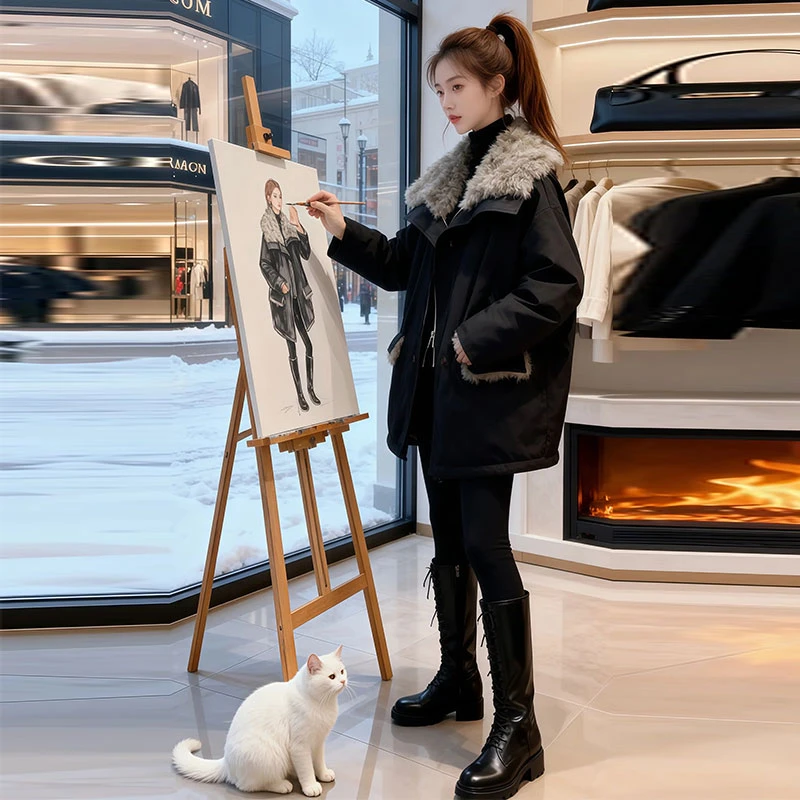 兹伊翰【曼城记忆】时尚工装风保暖中长款棉衣女士2025冬季新款棉衣
