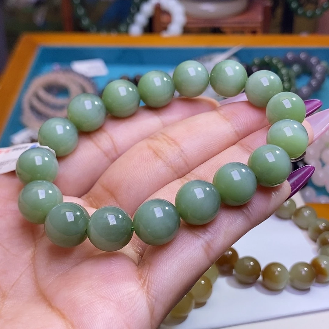 和田玉未镶嵌颈饰碧玉粉青猫眼老矿料约12mm手串