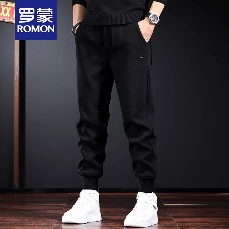 罗蒙黑色高端针织卫裤2025秋季新款潮流束脚男士百搭休闲哈伦裤