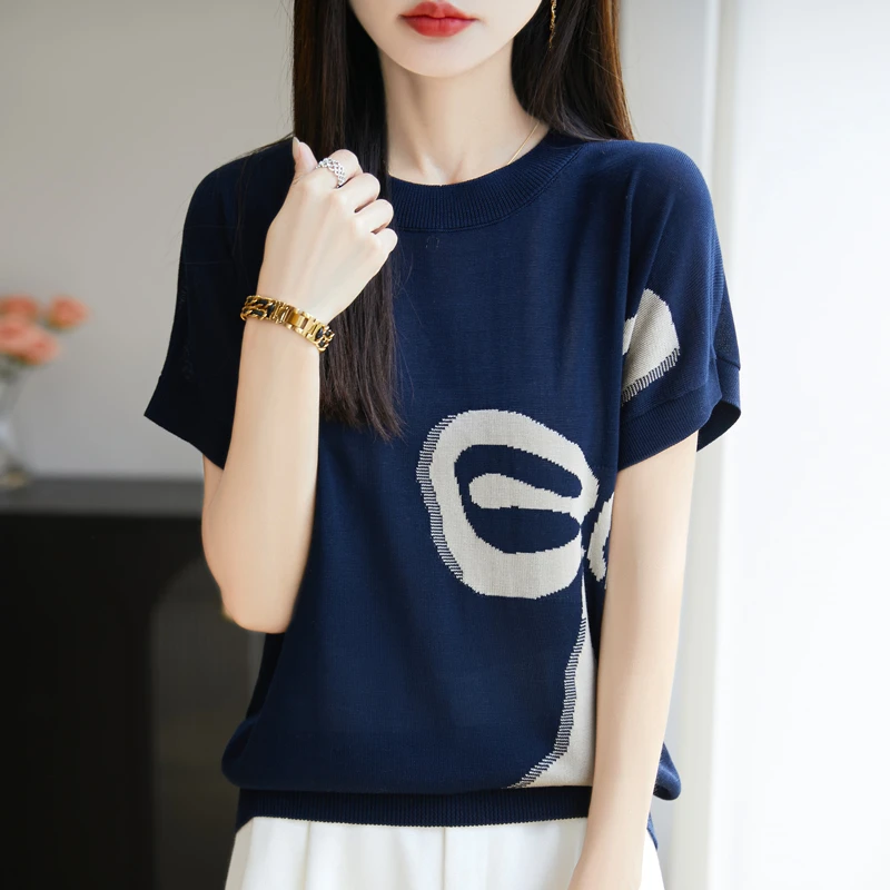品牌女装正品女装新款夏季圆领短袖针织衫T恤百搭宽松薄款上衣