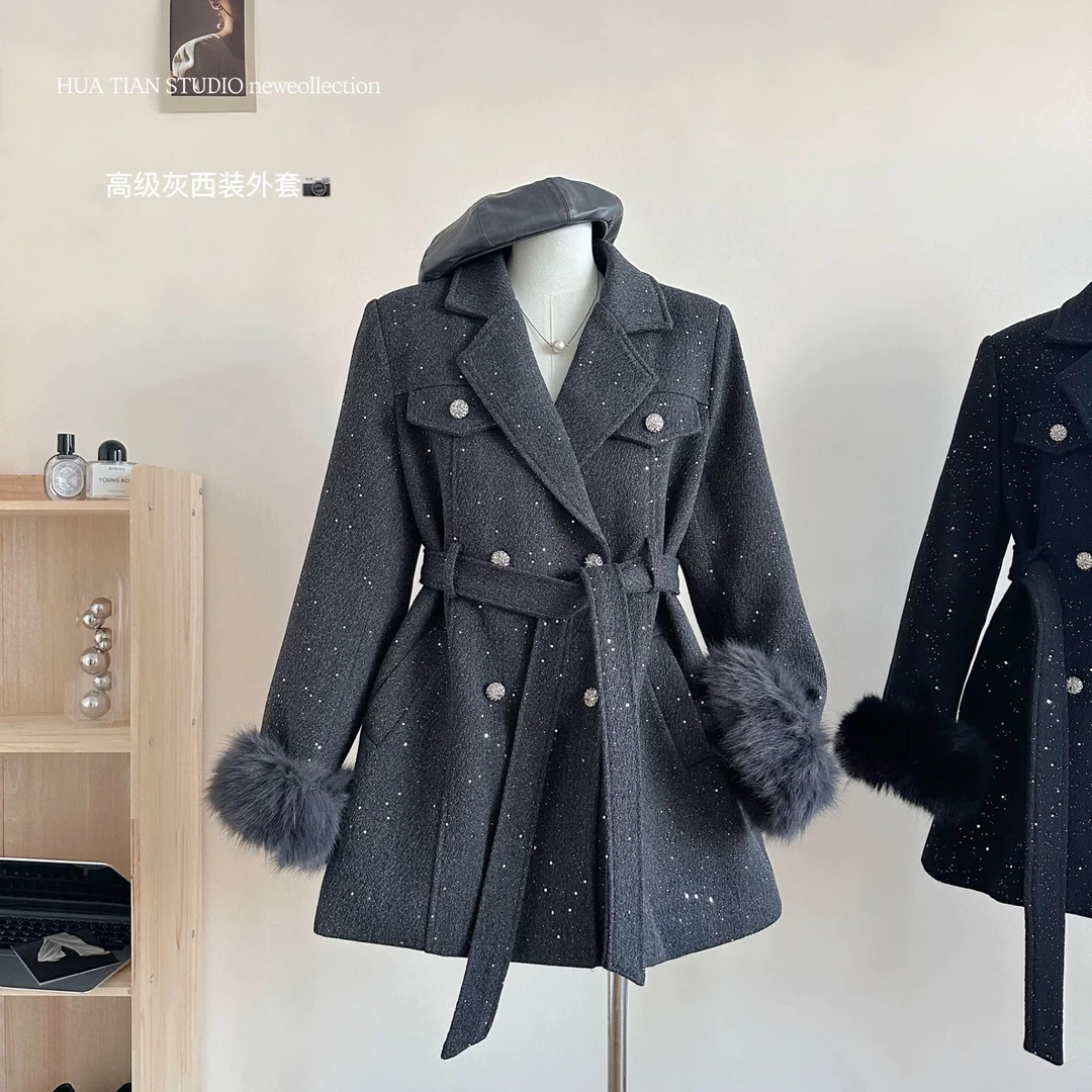 252法式赫本风气质千金感细闪亮片袖系带收腰毛呢西装外套