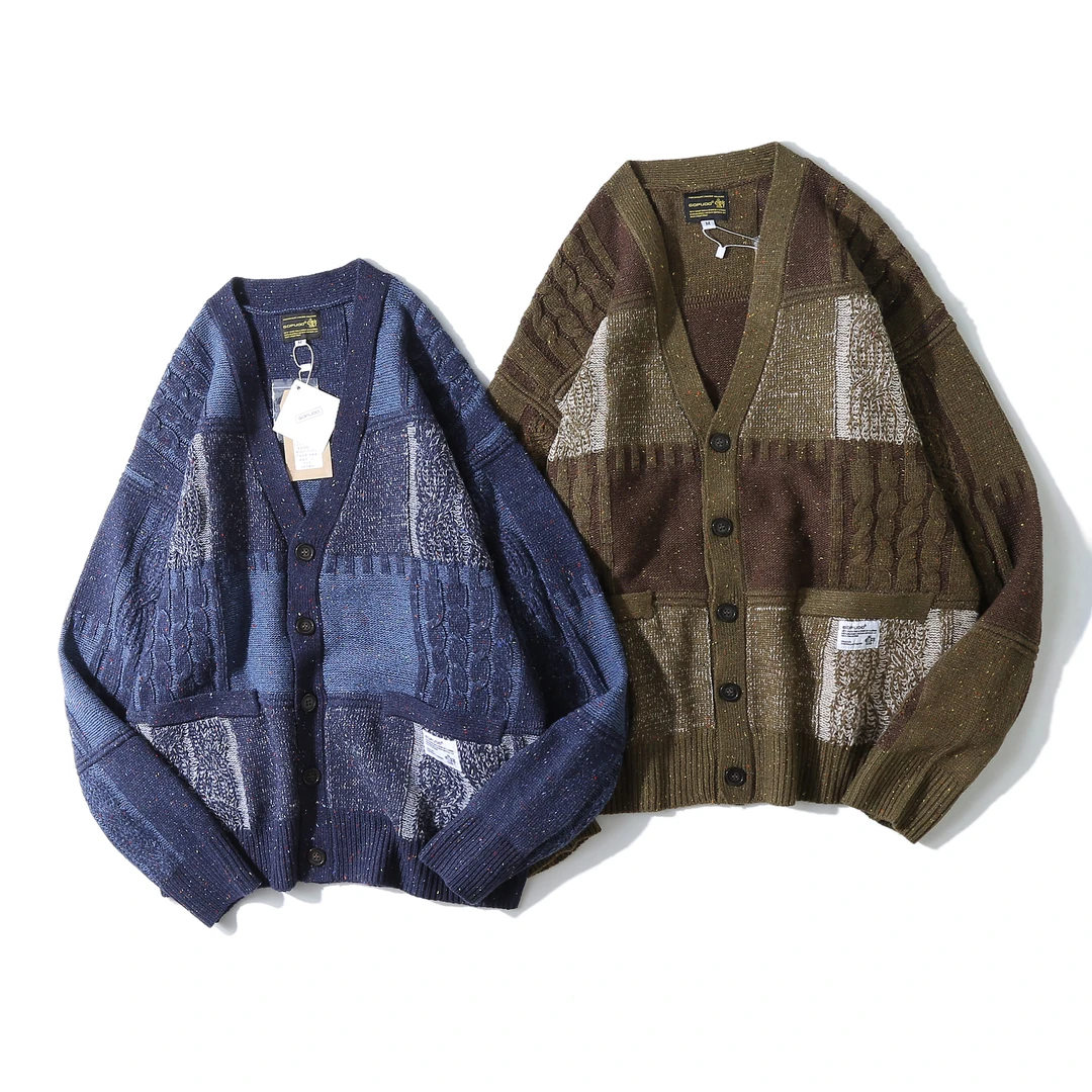 春季新款日系毛衣撞色设计款不规则拼色格开衫外套男ZM1908