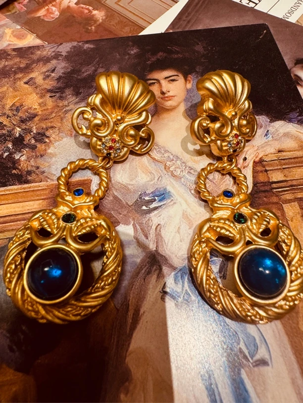 铜合金琉璃耳饰 清货福利！中古外单电镀宫廷风镂空琉璃气质范耳环