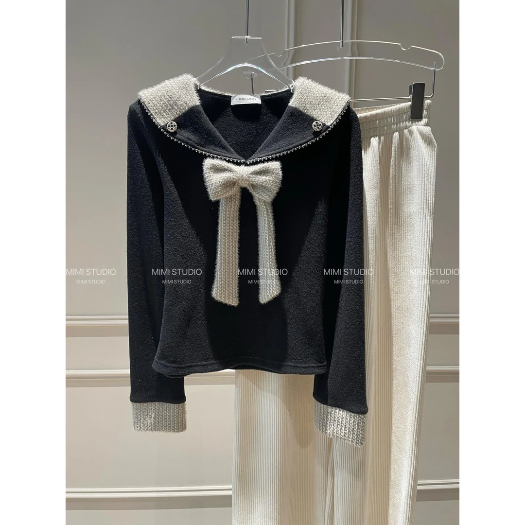 2025冬新款 小香风蝴蝶结撞色V领长袖内搭女显瘦百搭上衣1193