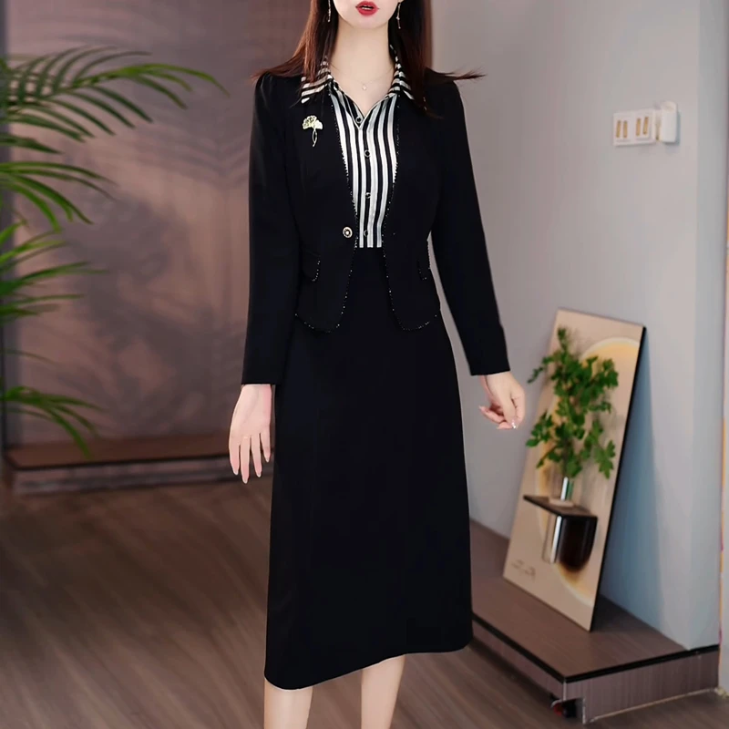 高端精致条纹衬衫连衣裙两件套2025秋季新款气质百搭减龄中长裙子