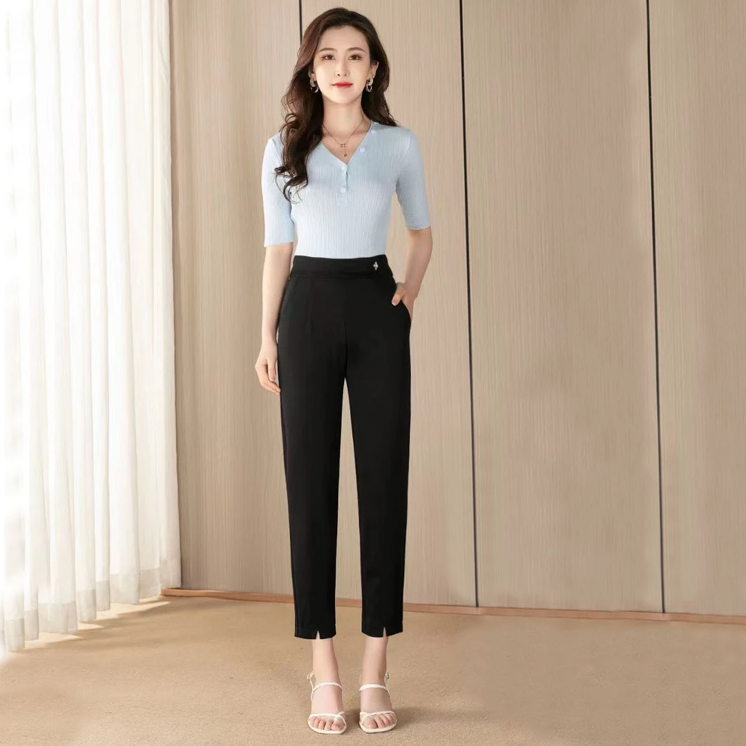 新款夏女九分裤高腰显瘦薄款透气宽松弹力休闲时尚百搭小直筒裤