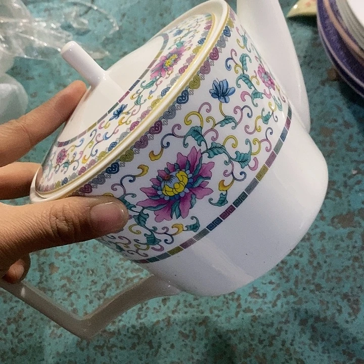 摆件陶珐琅白底大茶壶墨色陶瓷