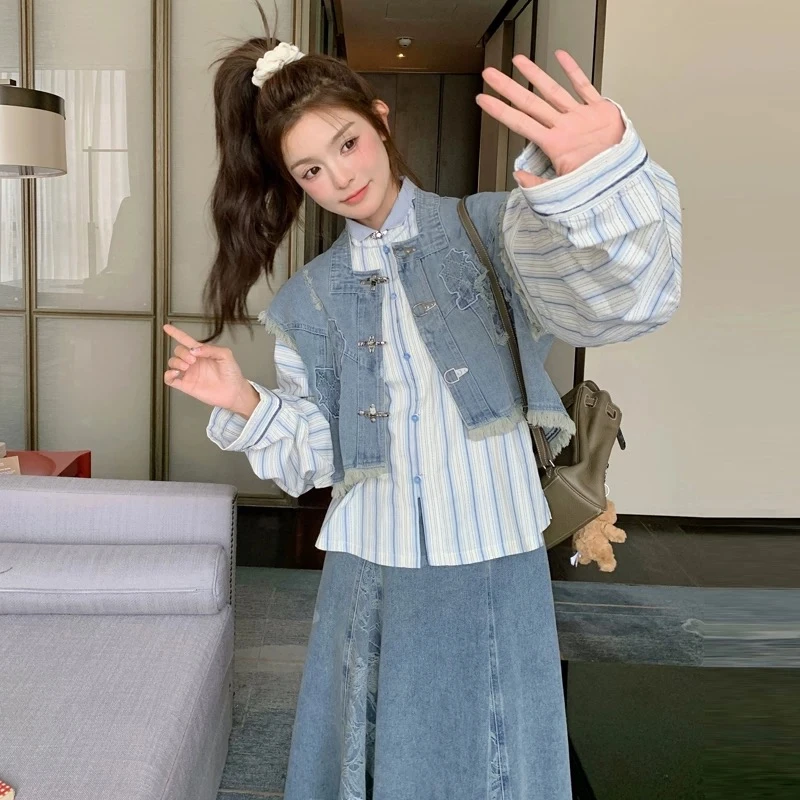新中式复古牛仔马甲女条纹衬衫胖mm2025早春新款显瘦宽松大码女装