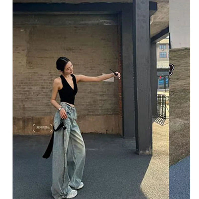美式复古辣妹休闲百搭绑带吊带背心外穿女高腰修身显瘦牛仔裤长裤