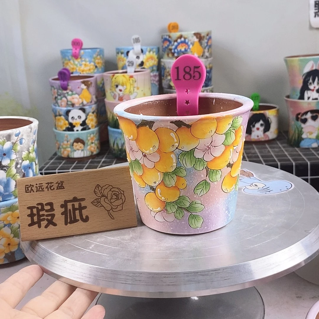 紫砂花盆红陶手绘花盆