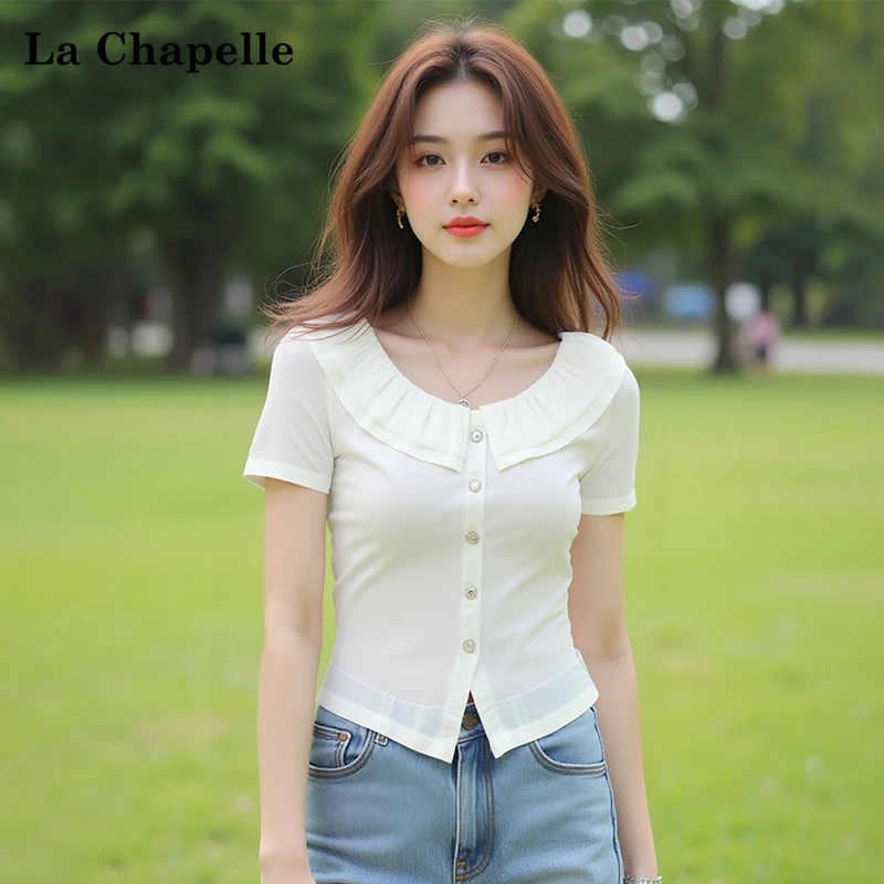 拉夏贝尔2025夏新款法式气质娃娃领短袖T恤小香风洋气别致上衣薄