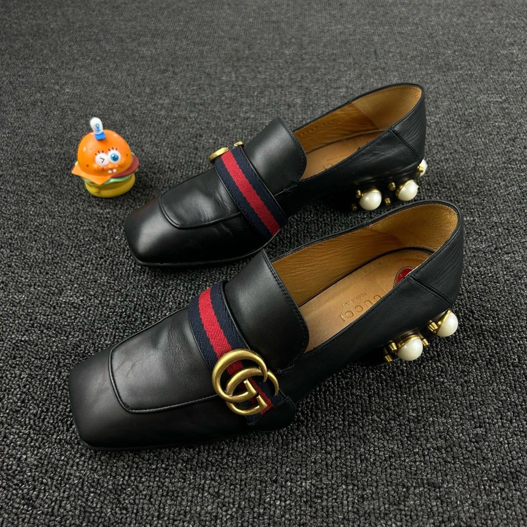 95新 GUCCI/古驰 珍珠乐福鞋 37.5码 经典金扣双G HB3452