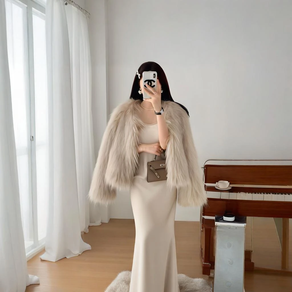 人造皮草 短款V领多样长袖均码简约风女