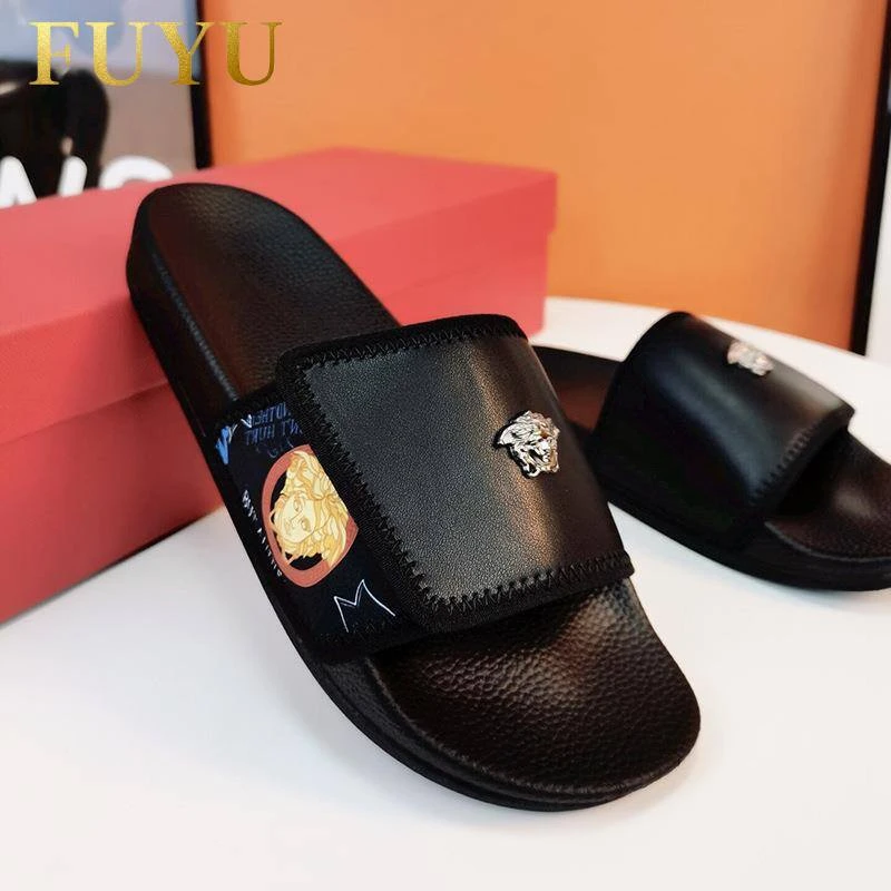 欧洲站潮牌拖鞋男士秋季外穿金属美杜莎魔术贴沙滩鞋防滑海边凉拖