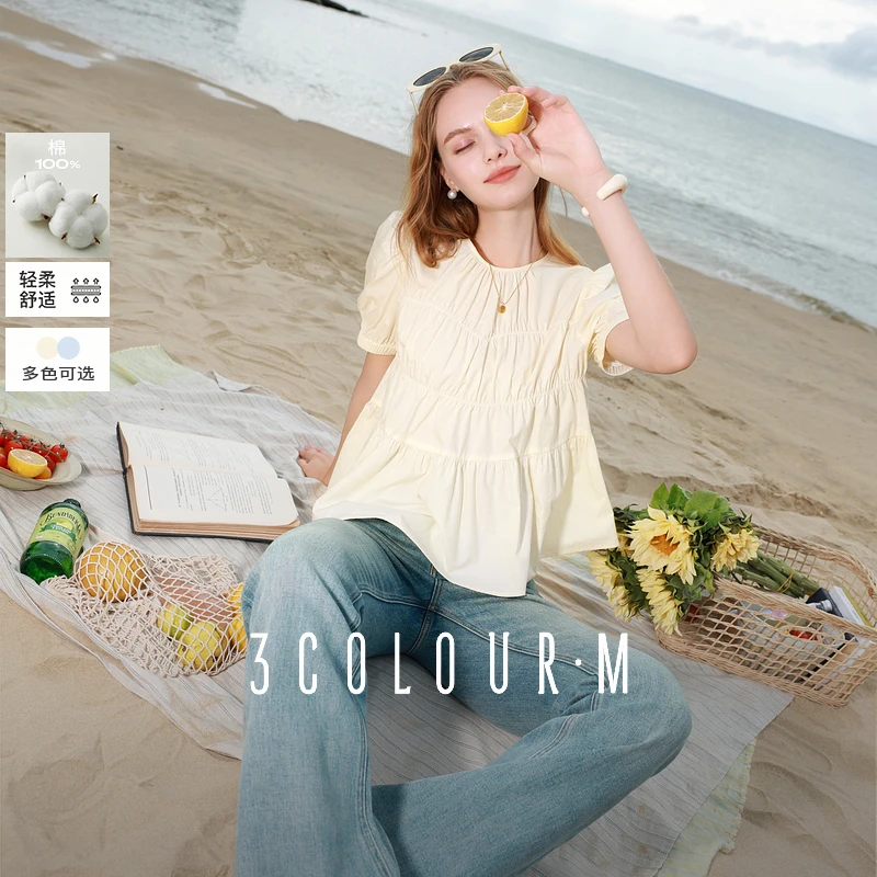 【100棉】三彩2025夏季新款圆领泡泡袖显瘦小衫宽松娃娃衫衬衣女M