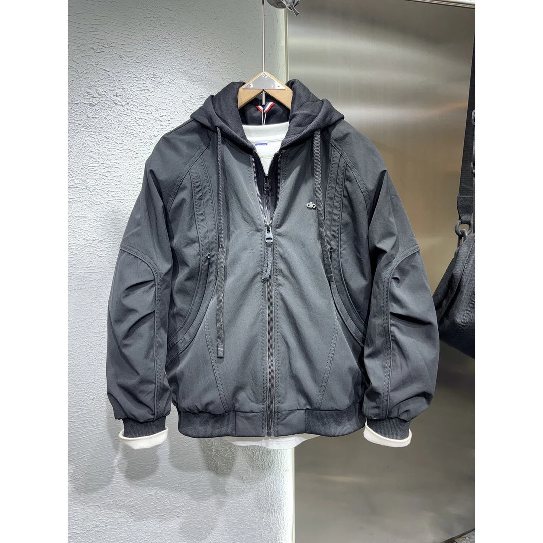 梦泡2025秋冬新款美式连帽假两件加厚棒球服男士宽松休闲夹克外套