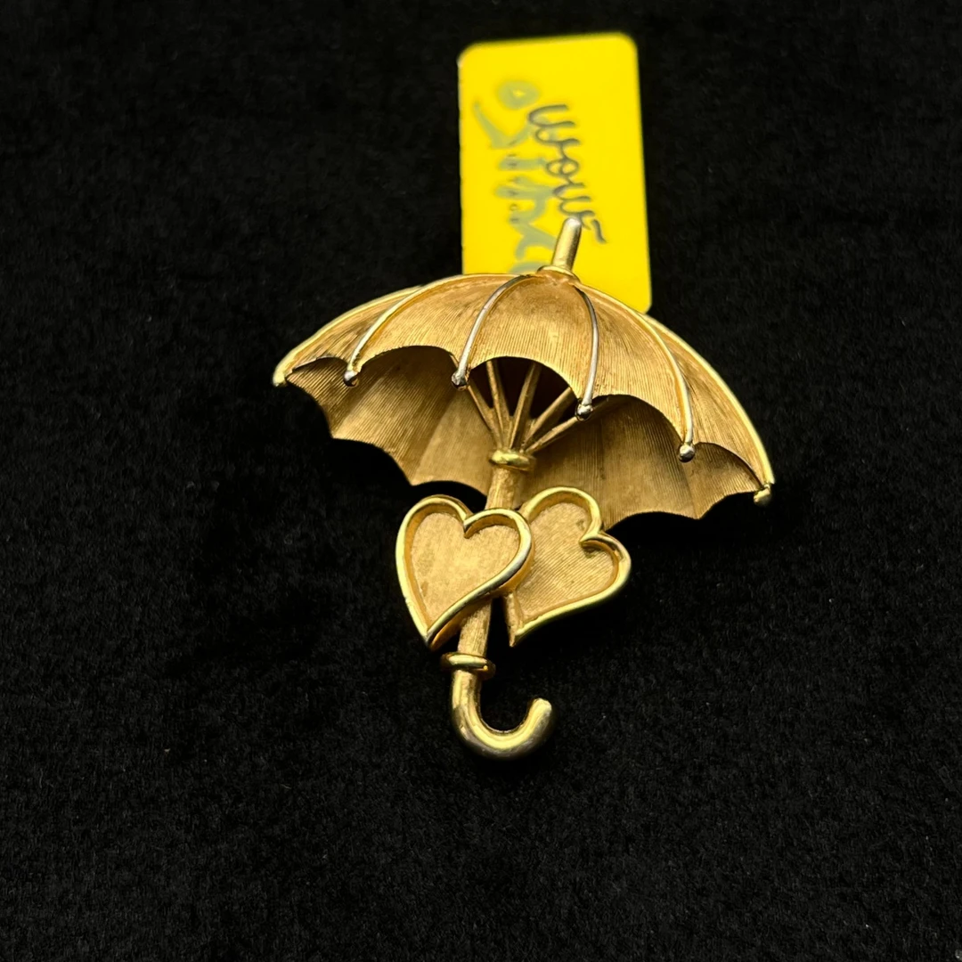 合金胸针 PP中古首饰 Vintage翠法丽trifari拉丝金爱心雨伞胸针